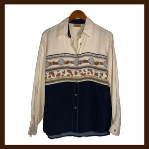 Vintage Wrangler Scarf Print Western Shirt Cream Navy Chain Medallion 80s 90s